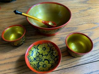 Vintage Russian Wooden Bowls And One Spoon Hand Painted Flowers Ussr