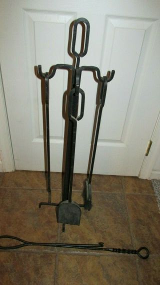 Vintage American Made 5 Piece Wrought Iron Fireplace Set With Twisted Iron Tongs