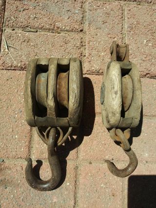 Set Of 2 Vintage Antique Single & Double Block And Tackle Pulleys Wood & Metal