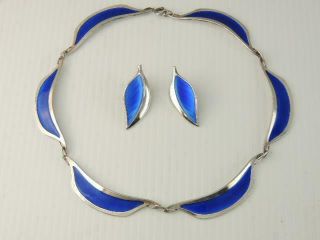 Vintage David Andersen Sterling Silver Blue Enamel Necklace & Earrings Osvais
