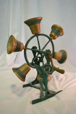 Antique Brass 6 Bell Hand Crank Rotating Wheel Angel Door Chime Dinner Call Vtg 2