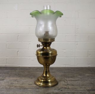 Antique Victorian Duplex Brass Oil Lamp With Frilled Green Glass Shade.