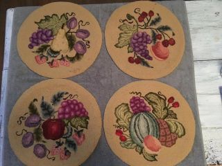 Vintage Needle Punch Hooking Set Of 4 Round Chair Pads Fruits Shabby Decor