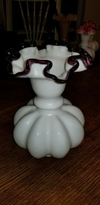 Vintage Fenton Milk Glass Plum Crest Melon Vase