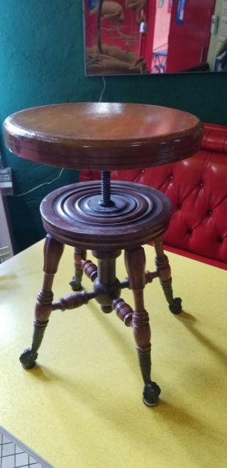 Vintage Mahogany Wood Round Piano Stool Glass Ball Claw Feet Swivel Seat