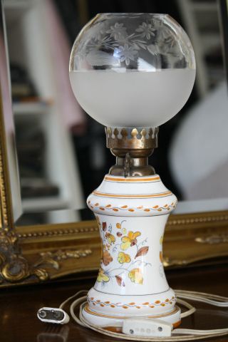 Antique Vintage Porcelain Lamp,  Round Glass Hand Painted