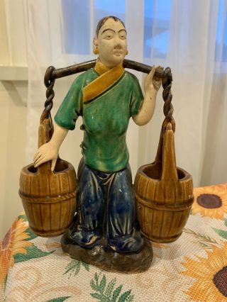 Vintage Chinese Mud Man Figure Of Lady Carrying Water Barrels