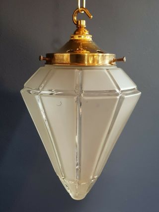 Vintage Large Frosted Glass Hanging Light With Brass Gallery Cradle And Hook.