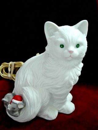 House Of Lloyd Cat & Christmas Mouse Night Light Holiday Ceramic 1989 Vtg