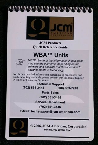 Jcm Quick Help & Reference Pocket Guide Flip Book For Wba Bill Acceptors