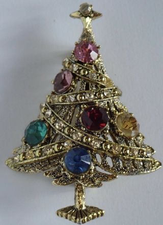 Vintage Hollycraft Gold Tone Rhinestone Christmas Tree Brooch