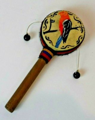 Vintage Rattle Drum Hand Held Toy Wood Handle 8 " Hand Painted Musical Instrument
