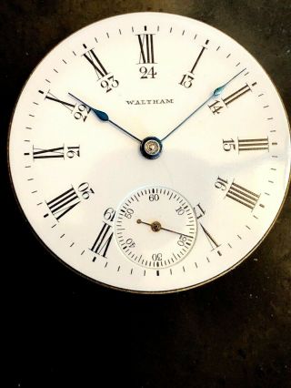 18s Waltham 15j.  Pocket Watch Movement Good Bal.  For Fix 24hr.  Dial & Hands