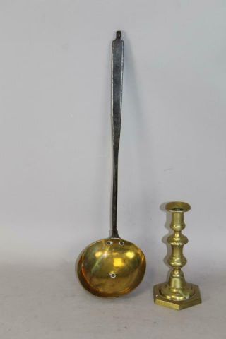 A Rare 18th C England Wrought Iron And Brass Dipper With A Pig Tail Handle