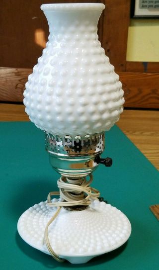 Vintage Hurricane Table Lamp Milk Glass White Hobnail Base & Chimney Electric