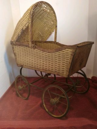 Vintage Wicker Wood,  Metal Victorian Baby Doll Buggy Carriage Stroller