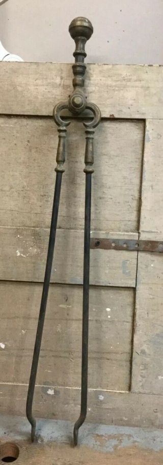 Antique Vintage 30” Brass & Steel Fireplace Tongs Round Ball Spindle Handle