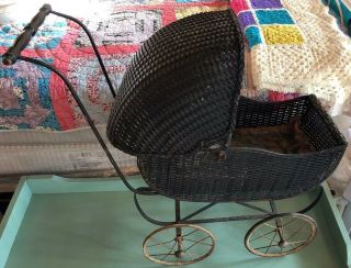 Antique Victorian Era Black Wicker Doll Buggy Doll Carriage Stroller 21”