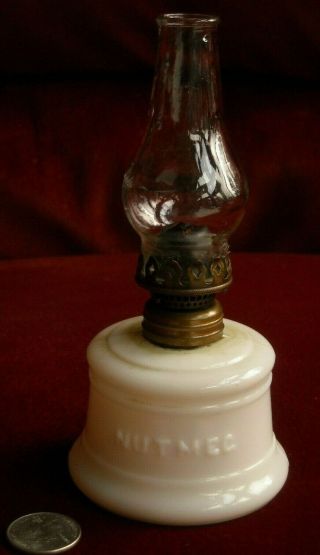 Antique Vintage Miniature Oil Lamp White Milk Glass Nutmeg,  P&a Acorn