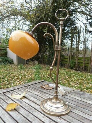Stunning Antique Vintage Brass & Orange Glass Desk Table Lamp.