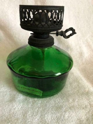 Vintage Oil/kerosene 5 1/2 " Tall Green Glass Lamp Base & Burner No Chimney