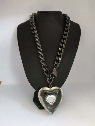 Betsey Johnson Vintage Huge Clear Lucite Puffy Heart Chain Statement Necklace