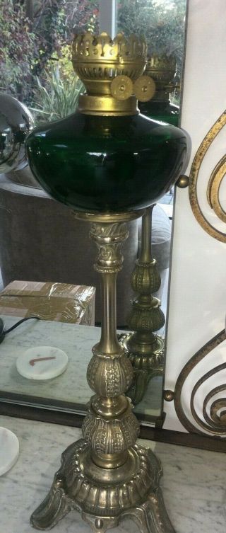 Large Antique Brass And Dark Green Glass Oil Lamp