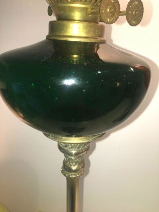 large antique brass and dark green glass oil lamp 2