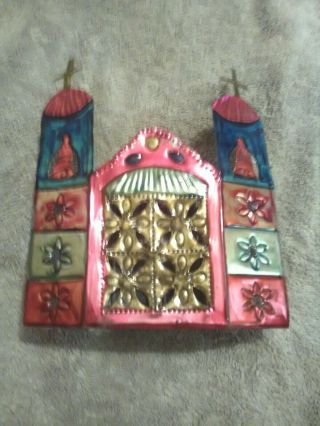 Vtg Mexican Folk Art Punched Tin Candle Holder Church Chapel Light Wall Decor
