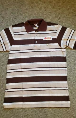 Vintage Getty Oil Company Polo Shirt Brown Stripe With Patch - Size L