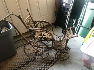 Antique Vintage Baby Doll Carriage Stroller Buggy Wood Wicker Grandmothers
