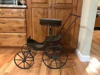 Antique Vintage Baby Doll Carriage Stroller Buggy Wood Grandmothers Looks French