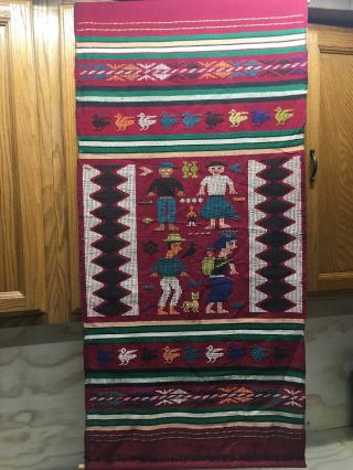 20”x42 " Vintage Folk Art Tapestry Wall Hanging Linen Cotton Gorgeous