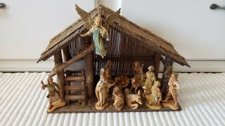 Vintage Fontanini Nativity Depose Italy Set Of 15 Pc & Creche Stable