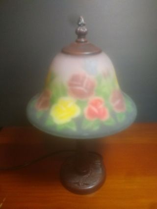 Small Reverse Painted Electric Desk Lamp - Floral Design