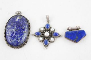 3 X Vintage.  925 Sterling Silver Lapis Lazuli Pendants Inc.  Carved Profile (54g)
