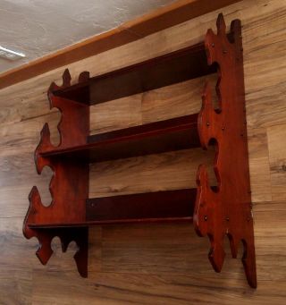 Large Antique Victorian Gothic Revival Wooden 3 Tier Scroll Cut Wall Shelf