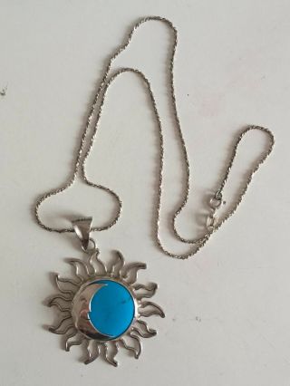 Vintage 925 Mark Sterling Silver Turquoise Colour Sun And Moon Necklace