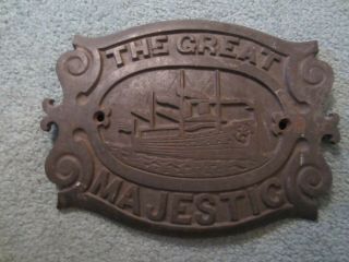Antique Cast Iron Wood Stove Door Plate Clipper Ship The Great Majestic Stove Co