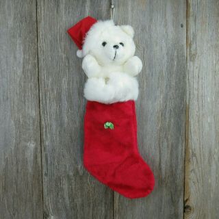 Vintage Teddy Bear Christmas Stocking Plush Stuffed Animal White Red Luvables