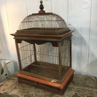 Vintage Bird Cage Wood Wire Bohemian Metal Dome Antique Wooden House Display