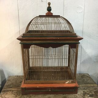 Vintage Bird Cage Wood Wire Bohemian Metal Dome Antique Wooden House Display 2