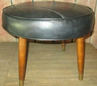 Vintage Mcm Eames Black Wood Foot Stool Ottoman Chair Vinyl Round