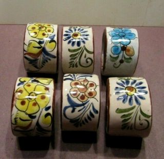 Set Of 6 Vintage Large Mexican Ceramic Hand Painted Napkin Rings