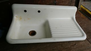 Antique Vintage Cast Iron White Porcelain Farm Sink 42 " - Right Drain Board
