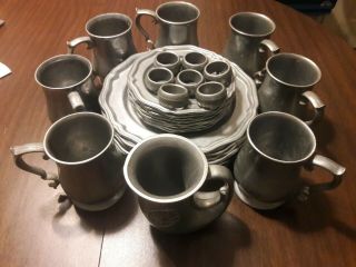 Vintage Queen Ann Set Pewter Crown - Castle Ltd.  Usa Made Plate,  Cup,  Napkin Rings