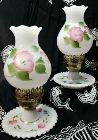 Vintage Hand Painted Milk Glass Hurricane Lamps - Pink Flowers - Tlc Needed