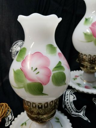 Vintage Hand Painted MILK GLASS HURRICANE LAMPS - PINK FLOWERS - TLC NEEDED 2