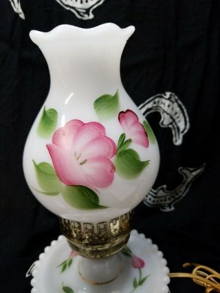 Vintage Hand Painted MILK GLASS HURRICANE LAMPS - PINK FLOWERS - TLC NEEDED 3