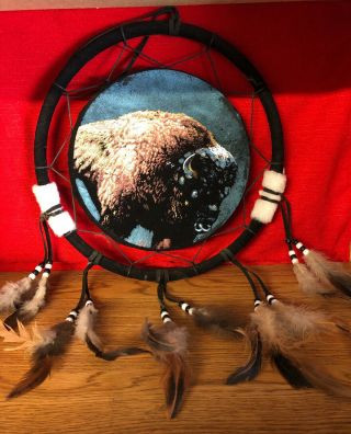 Native Americans Dream Catcher With Buffalo Portrait & Eagle Feathers.  12 Inch